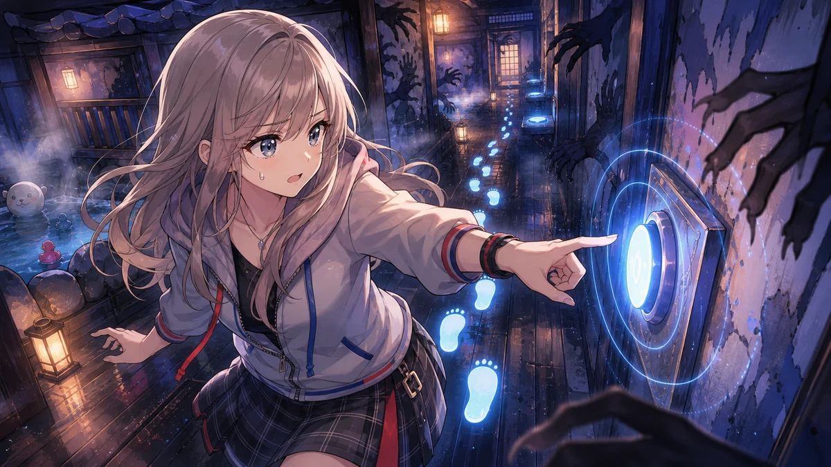 温泉迷路のような抽象ステージで光るスイッチを慎重に運ぶ女性キャラクター