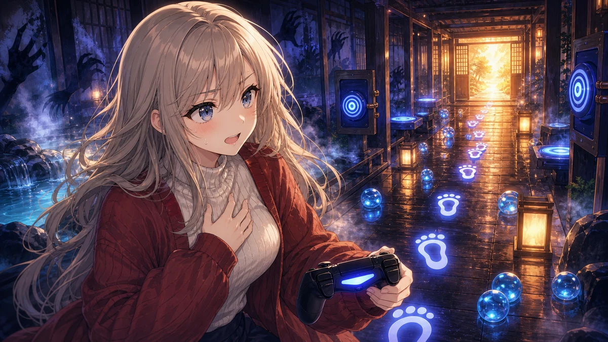 明るいホラー風の廊下で深呼吸しながら出口へ走る女性キャラクター