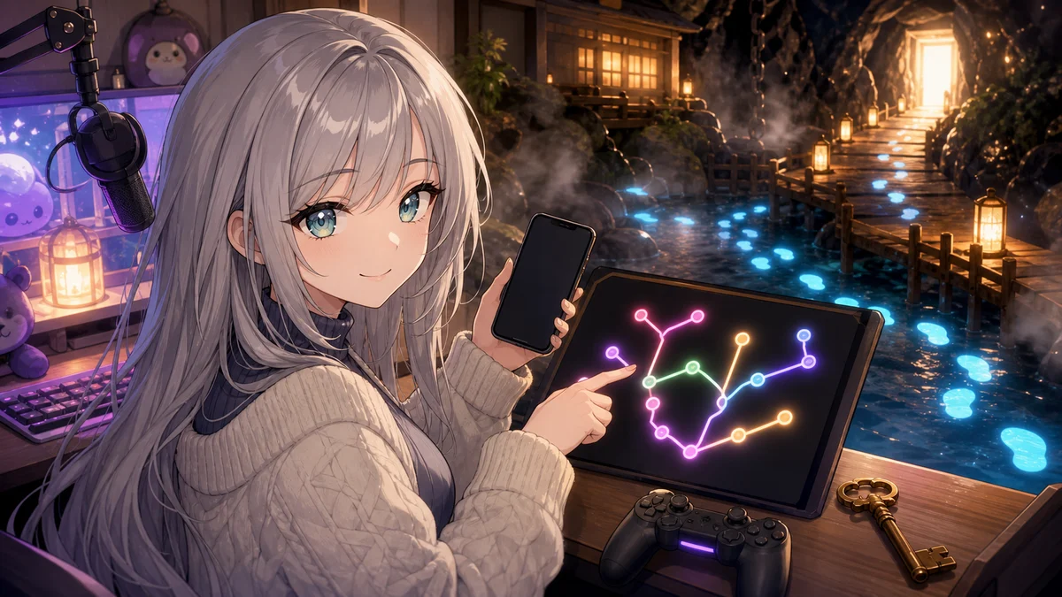 クリア後の記録と分岐の手がかりを整理する女性キャラクター