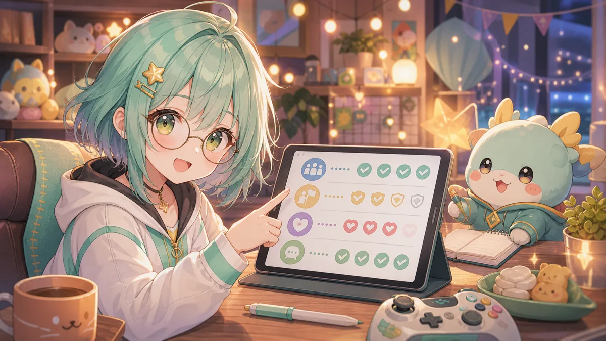 明るい配信部屋で、参加ルールをタブレットで確認するオリジナルのかわいいキャラクターのイメージ