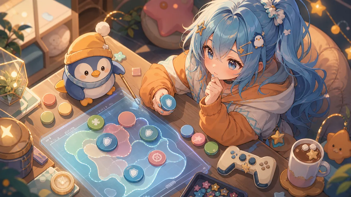 パステルカラーの作戦テーブルで、かわいいオリジナルキャラクターが役割トークンとランク目標を見比べるイメージ