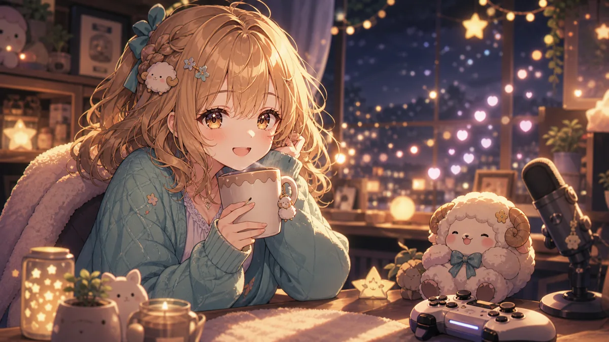 夜の配信机で、飲み物と小さな星形ライトに囲まれながらリスナーへの感謝を伝えるオリジナルのかわいいキャラクターのイメージ