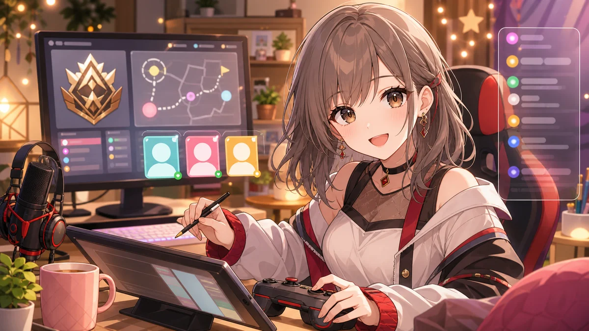 配信机で、灰みブラウンの髪のオリジナルキャラクターが抽象ミニマップと参加順トークンを確認するイメージ