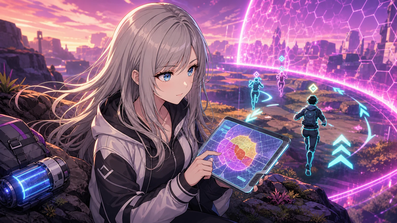 近未来の競技アリーナで味方と移動しながらリングを避ける女性キャラクターのイメージ