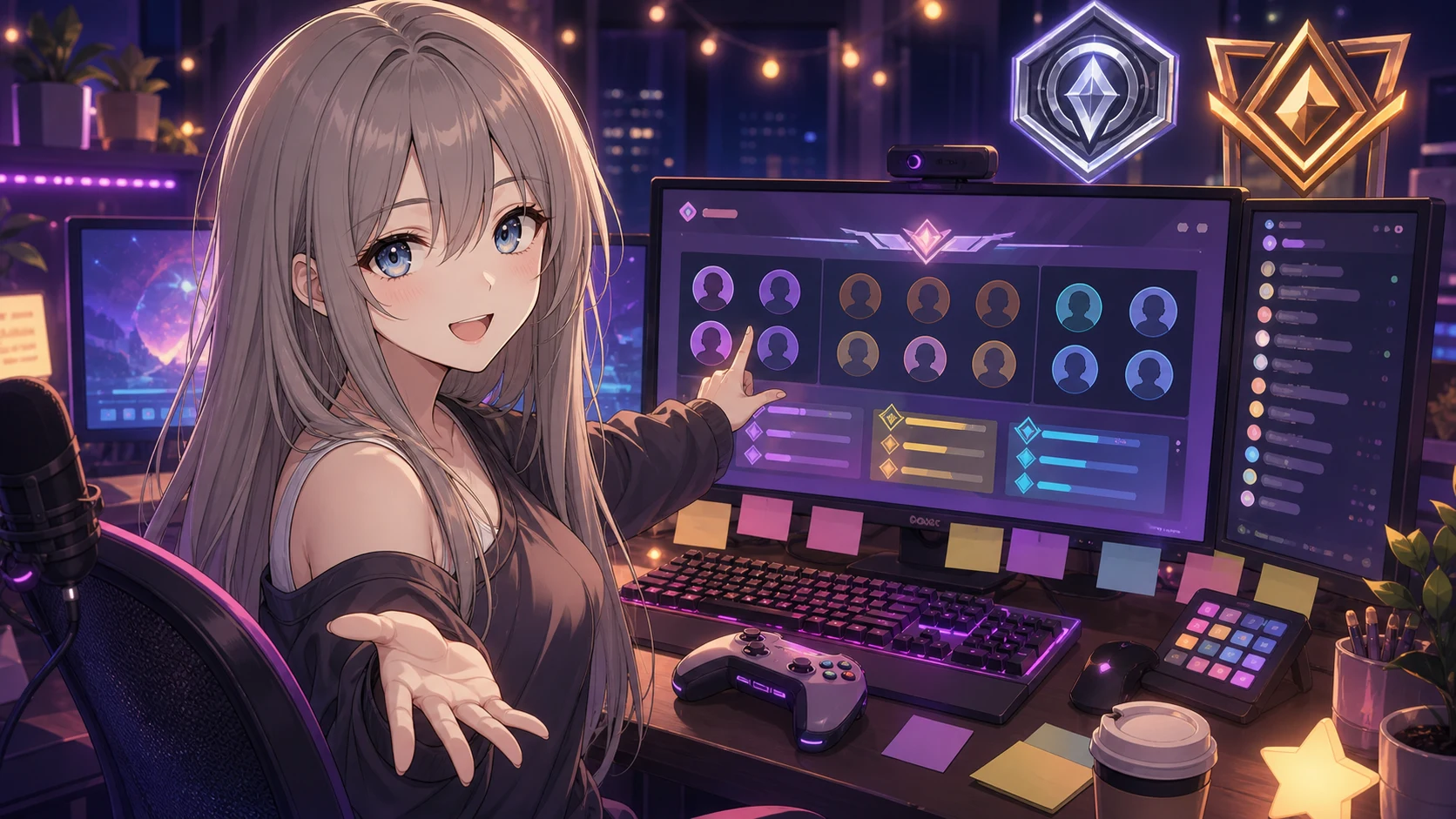 参加者リストとゲームロビー風の画面を確認する女性キャラクターのイメージ