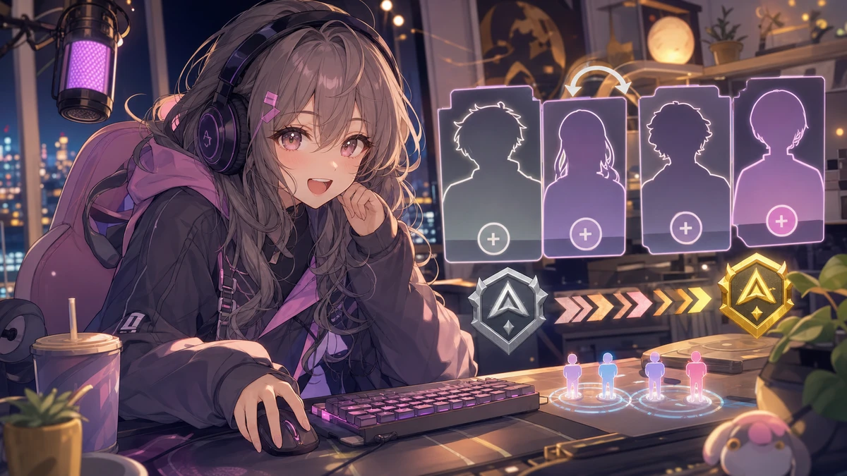 深夜の配信部屋で参加者交代とランク進行を確認する女性キャラクターのイメージ