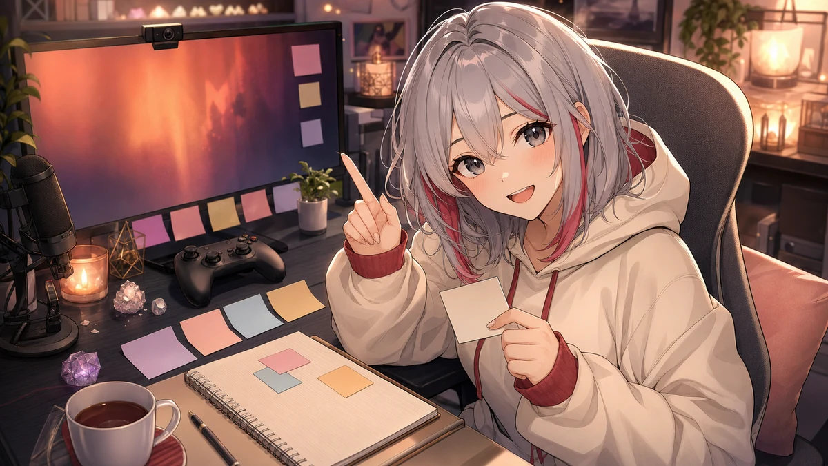 配信開始前の机でヒントメモとホラーゲーム用の小物を整えるオリジナルキャラクターのイメージ