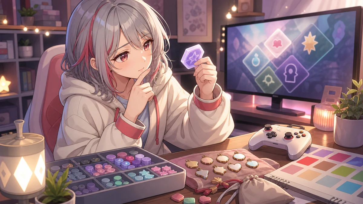 明るい配信机で弾薬メモと小さなチャームを見比べるオリジナルキャラクターのイメージ