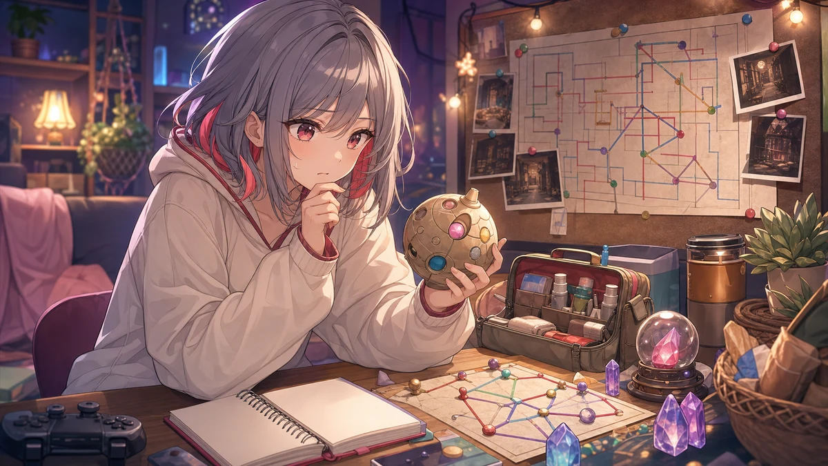 明るい作業机で小さな起爆装置風の模型と地図を確認するオリジナルキャラクターのイメージ
