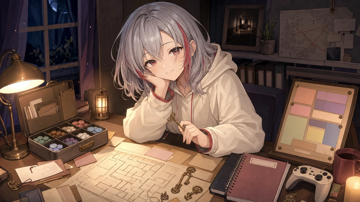 夜の配信部屋で古い地図とアタッシュケース風の小物を確認するオリジナルキャラクターのイメージ
