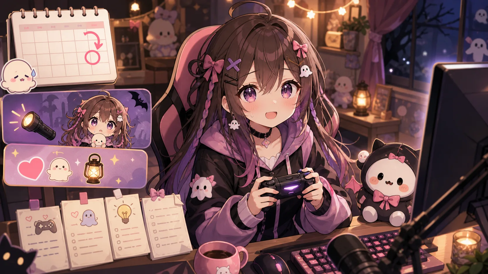 配信開始前の机でヒントメモとホラーゲーム用の小物を整えるオリジナルキャラクターのイメージ
