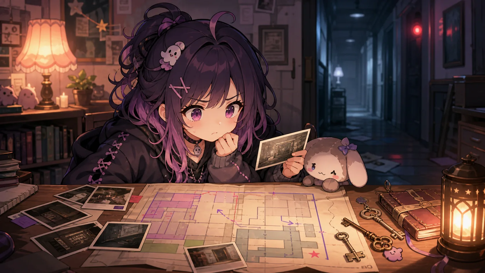 明るい配信机で地図と鍵を見比べながら次の部屋を考えるオリジナルキャラクターのイメージ