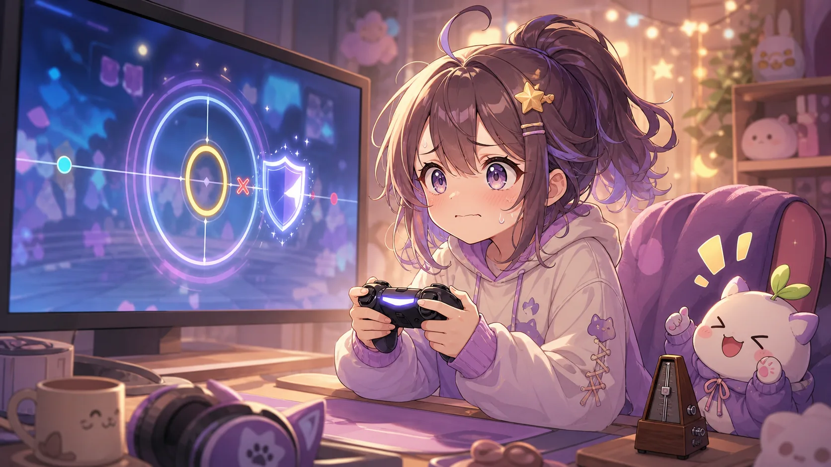 配信机の前でタイミングリングと小さな盾の光を見ながら練習するオリジナルキャラクターのイメージ