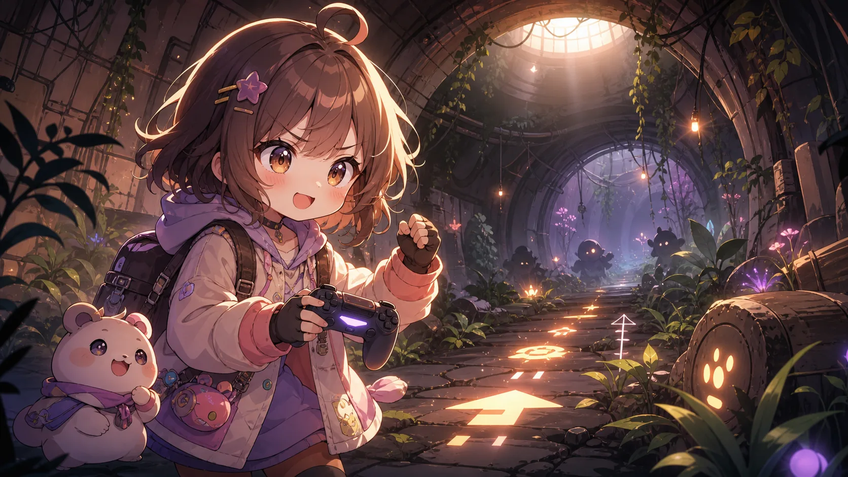 地下の植物が伸びる通路で小さなマスコットと安全な道を探すオリジナルキャラクターのイメージ