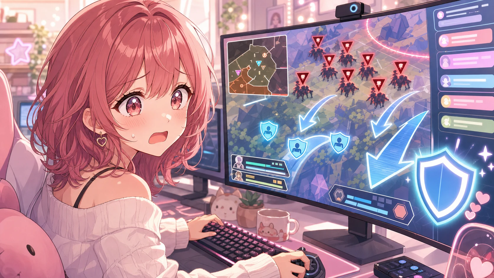 明るいゲーム配信部屋で抽象的な戦術UIとタイマーを見ながら驚く人物のイメージ