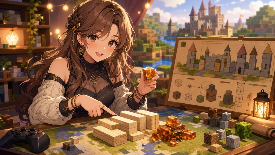 メンバー限定マイクラで参加ルールとお城素材を確認するオリジナル女性キャラクターのイメージ