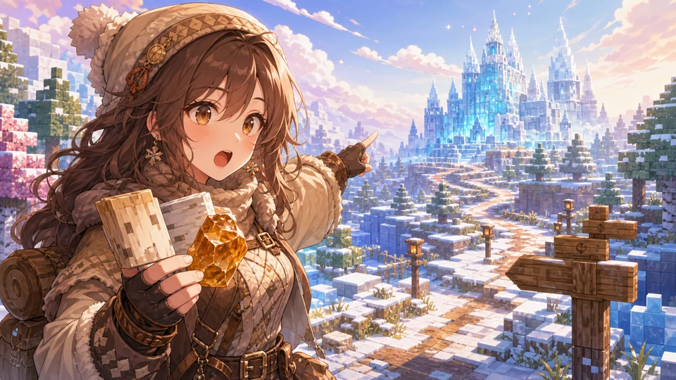 氷の城を見つけて素材集めの目的を思い出すオリジナル女性キャラクターのイメージ