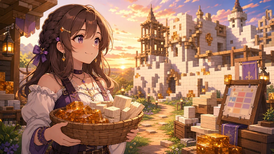 樹脂と白い木を持ち帰り次回のお城建築へ備えるオリジナル女性キャラクターのイメージ