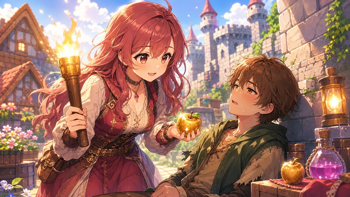 城の近くで村人を助けながら冒険の準備をする女性キャラクターのイメージ