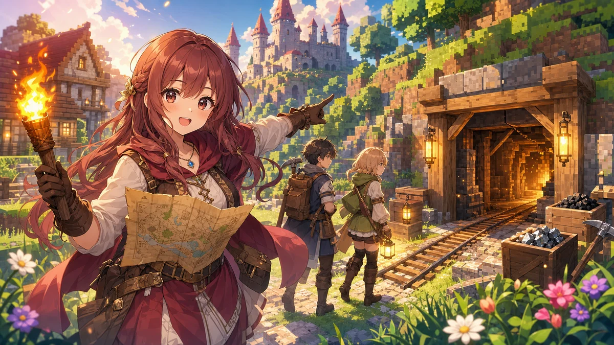 村と廃坑の入口を見つけて参加者と進む女性キャラクターのイメージ