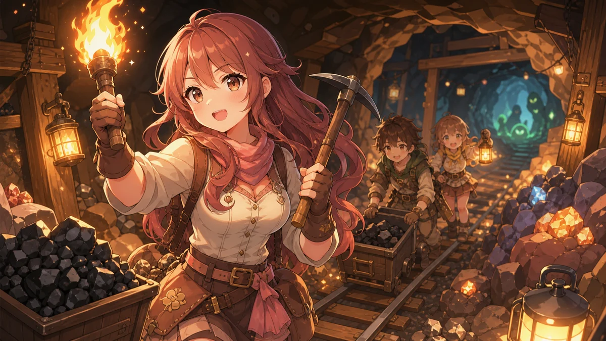 明るい洞窟で敵に囲まれながら仲間と立て直す女性キャラクターのイメージ