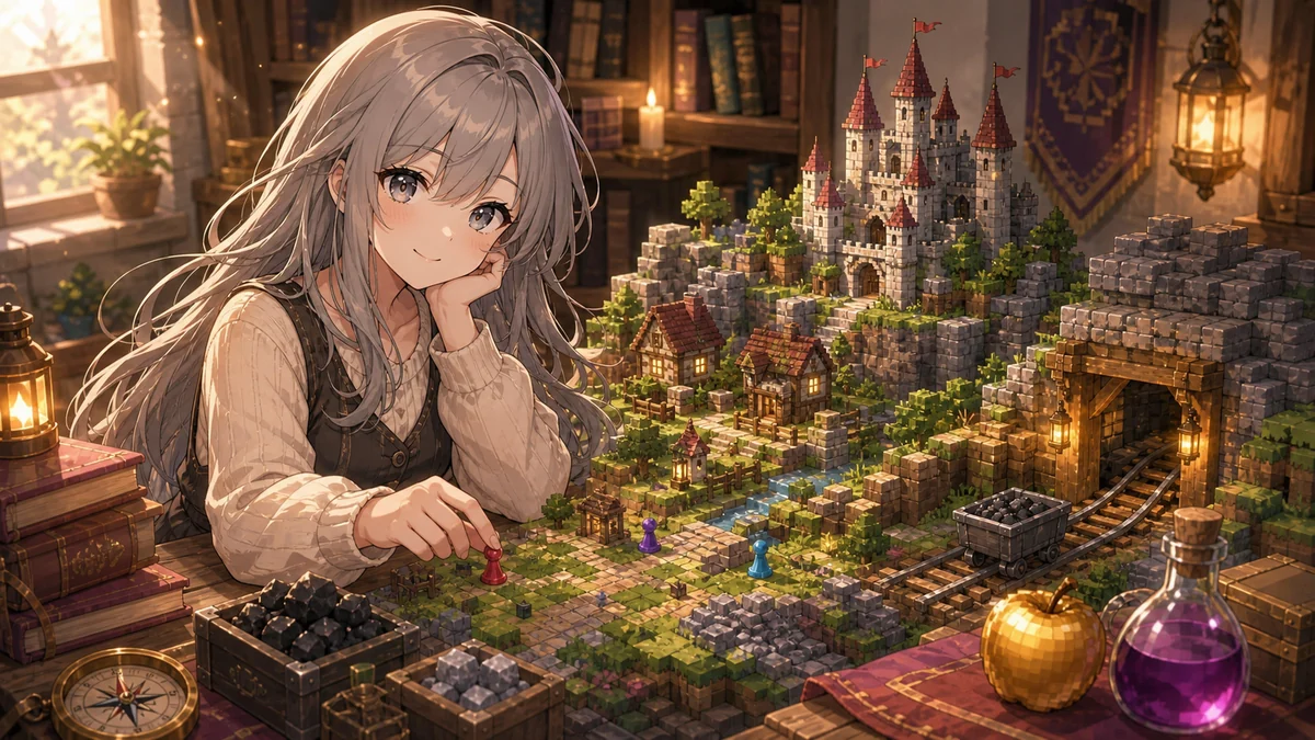 城模型と鉱山の経路を卓上で確認する女性キャラクターのイメージ