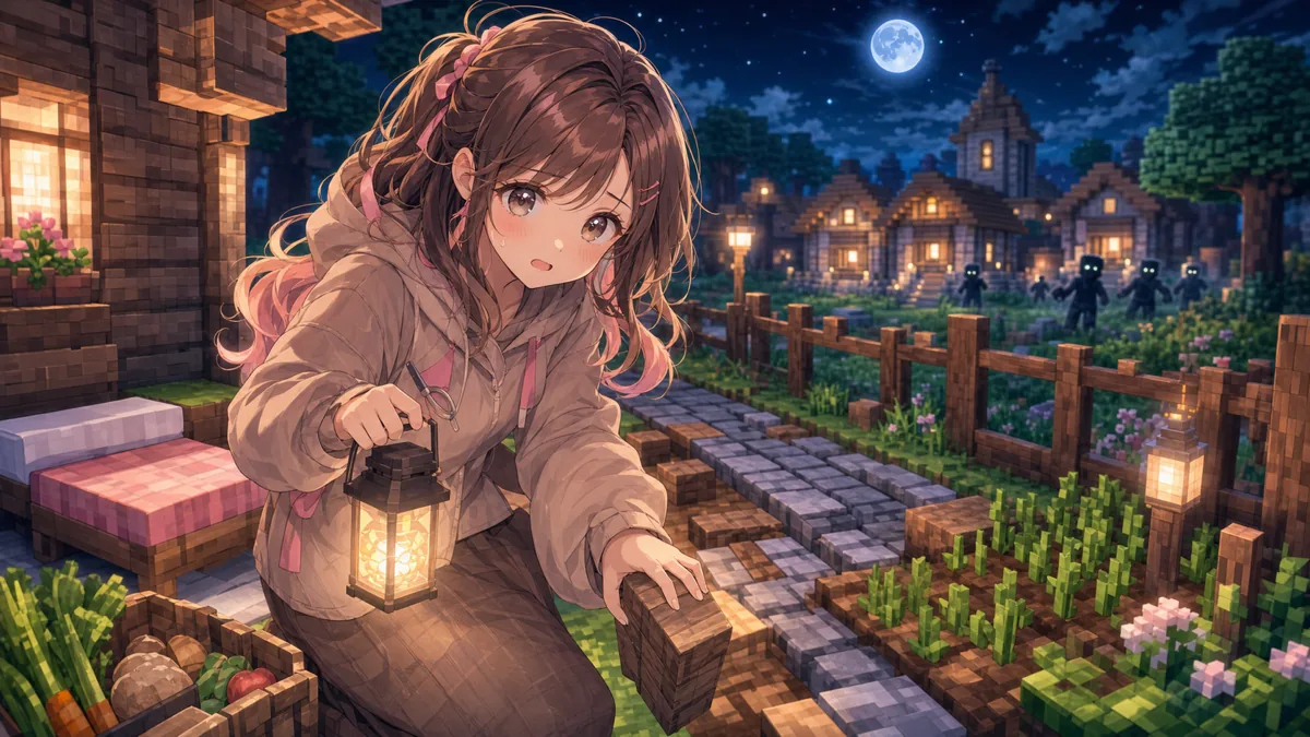 夜の村で村人を探しながら道を作るオリジナル女性キャラクターのイメージ