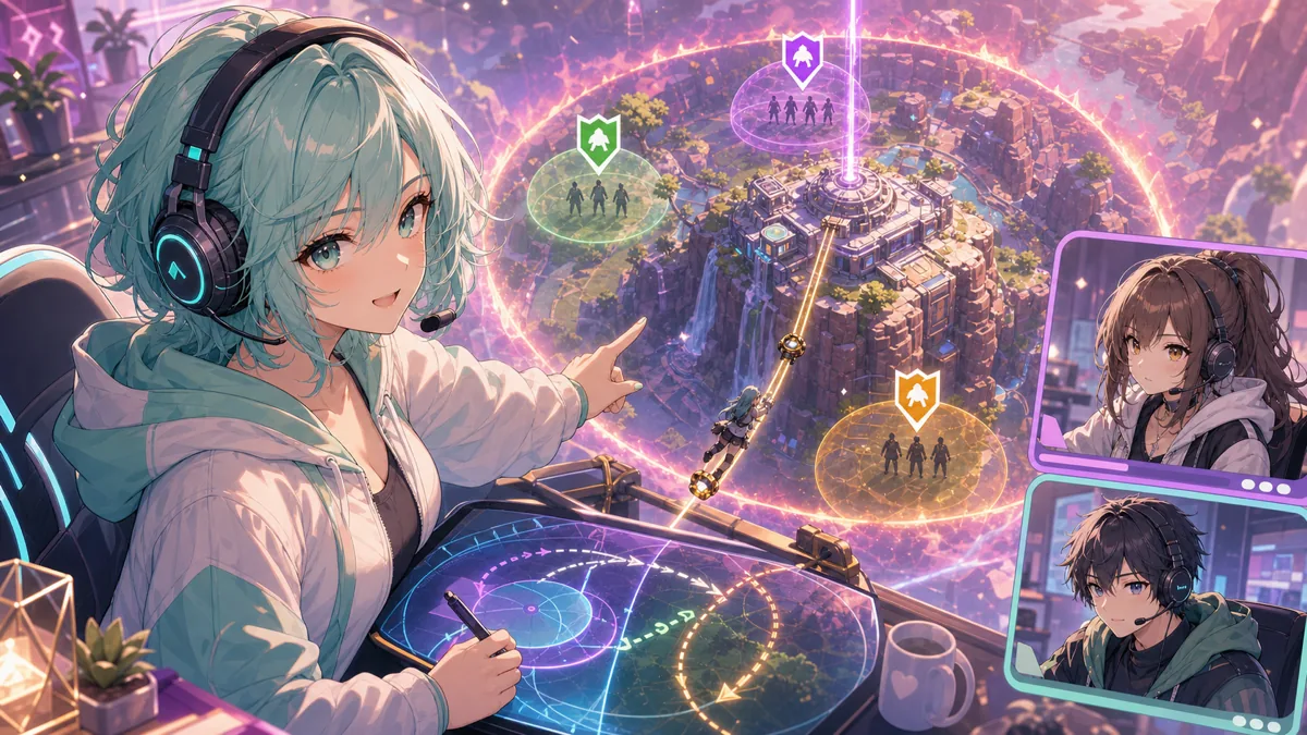 終盤3部隊で位置取りとジップを相談するAPEXコラボのオリジナルキャラクターのイメージ