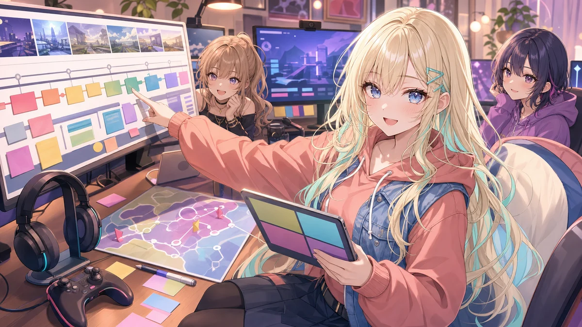 配信確認デスクでタイムラインとルート図を整理する金髪の女性キャラクターのイメージ