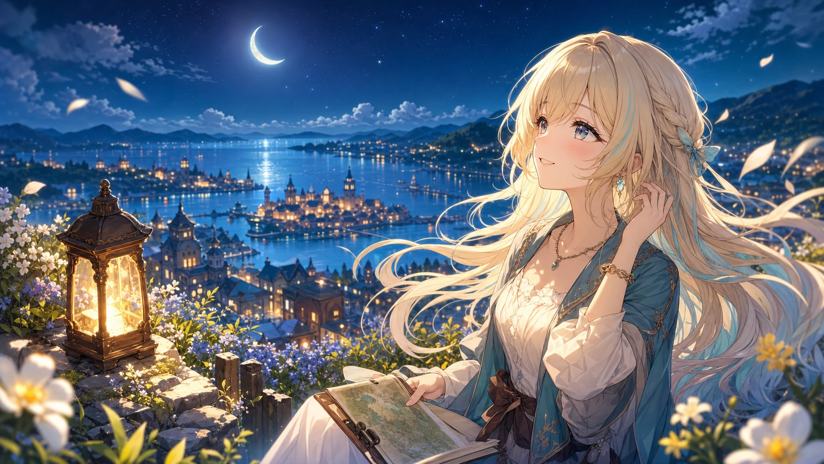 夜の草原で風の音を聞きながら新エリアの景色に見入るオリジナルキャラクターのイメージ