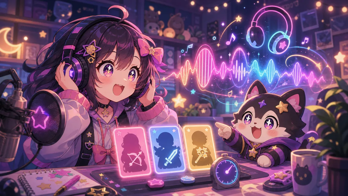 セリフ当てミッションで音声ヒントとキャラクターメモを見比べるオリジナルキャラクターのイメージ