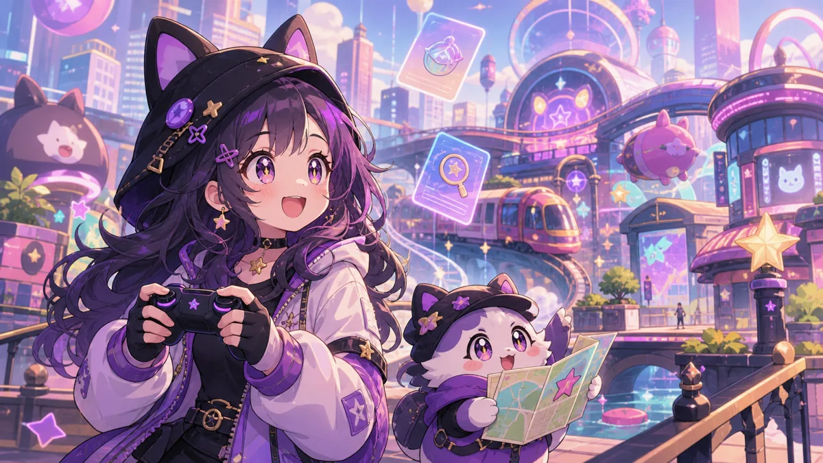 二相楽園の街を探索しながら黒猫や看板を探すオリジナルキャラクターのイメージ