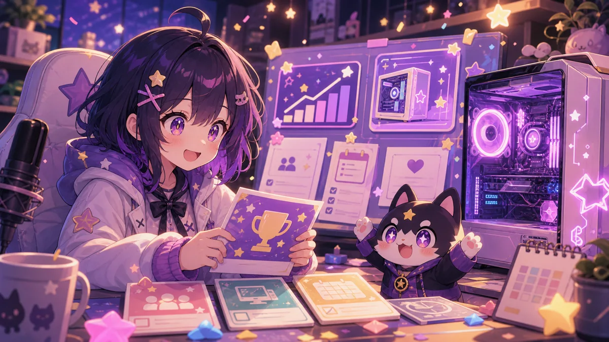 44レベルの集計結果とコラボPC情報を配信後の机で整理するオリジナルキャラクターのイメージ