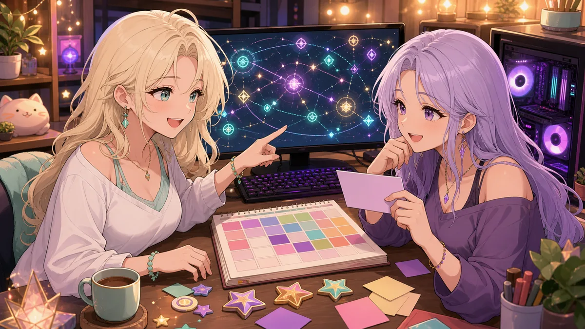 配信後の机で抽象スターマップと無印PC、色付きメモを前に相談する2人のオリジナルキャラクターのイメージ