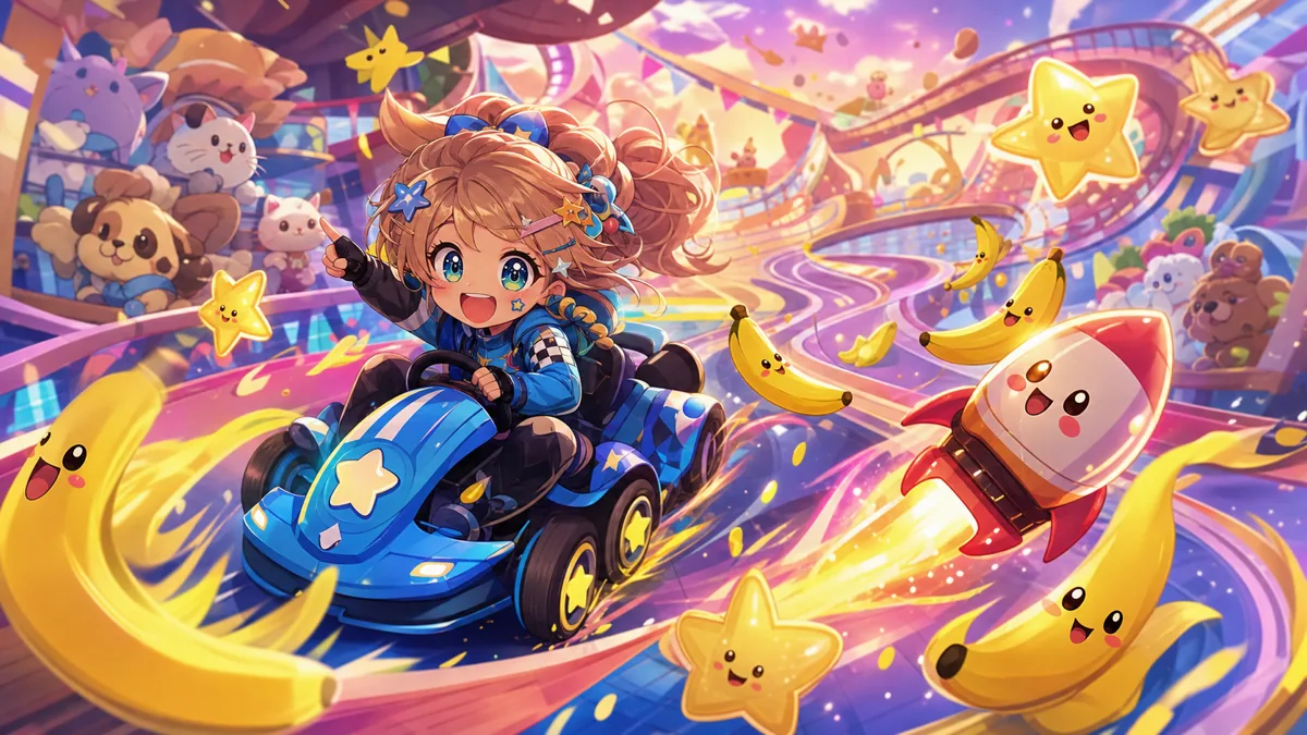バナナと星が飛び交う明るいカートレースのイメージ