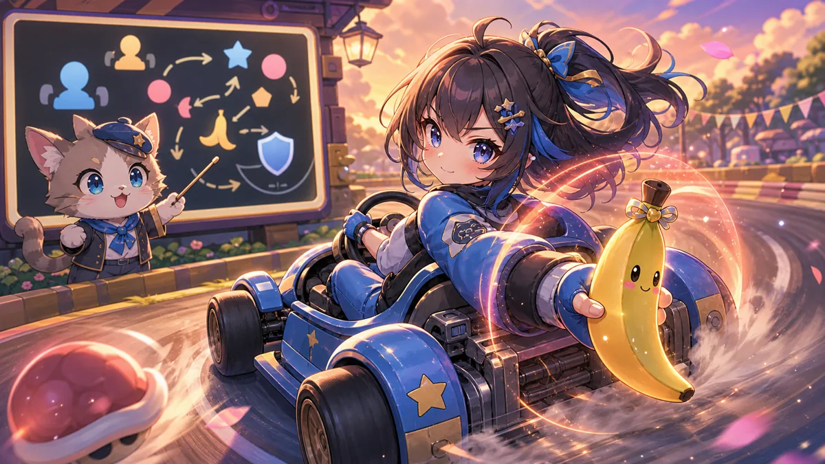 後ろ向きにアイテムを構えるカート練習のイメージ