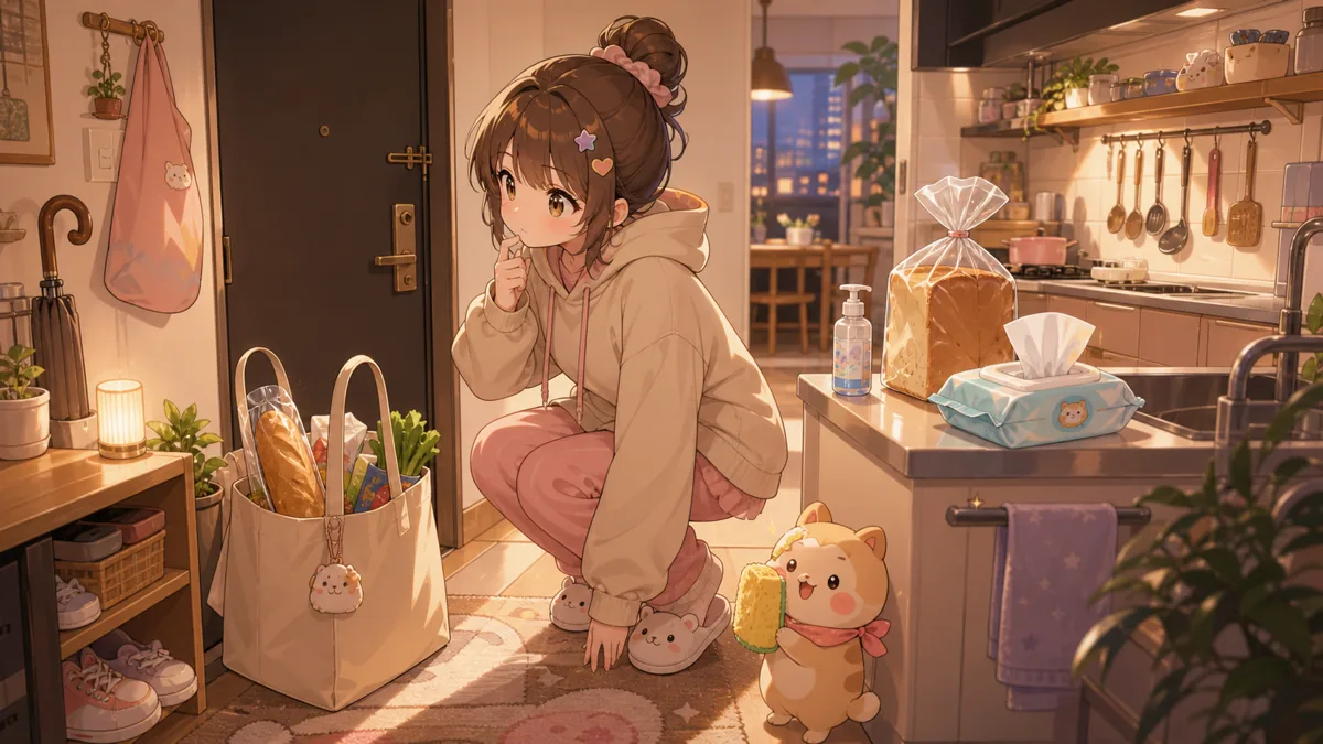 玄関とキッチンで買い物袋の置き場所を考えるオリジナルイメージ