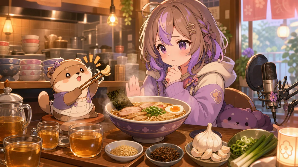ラーメンとお茶を前に好みの線引きを考えるオリジナルイメージ