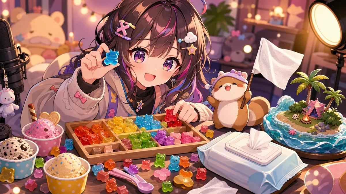 グミと除菌シートを並べて笑う配信机のオリジナルイメージ