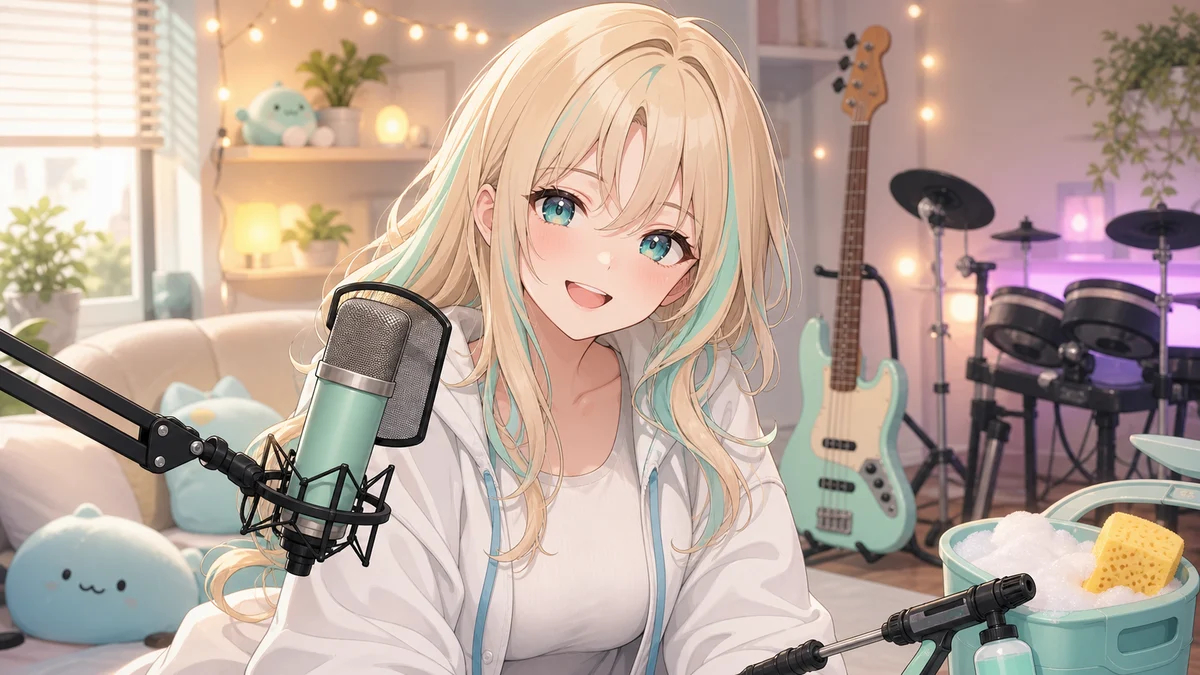 歌のきっかけとバンド経験を明るい配信部屋で話すオリジナルキャラクターのイメージ