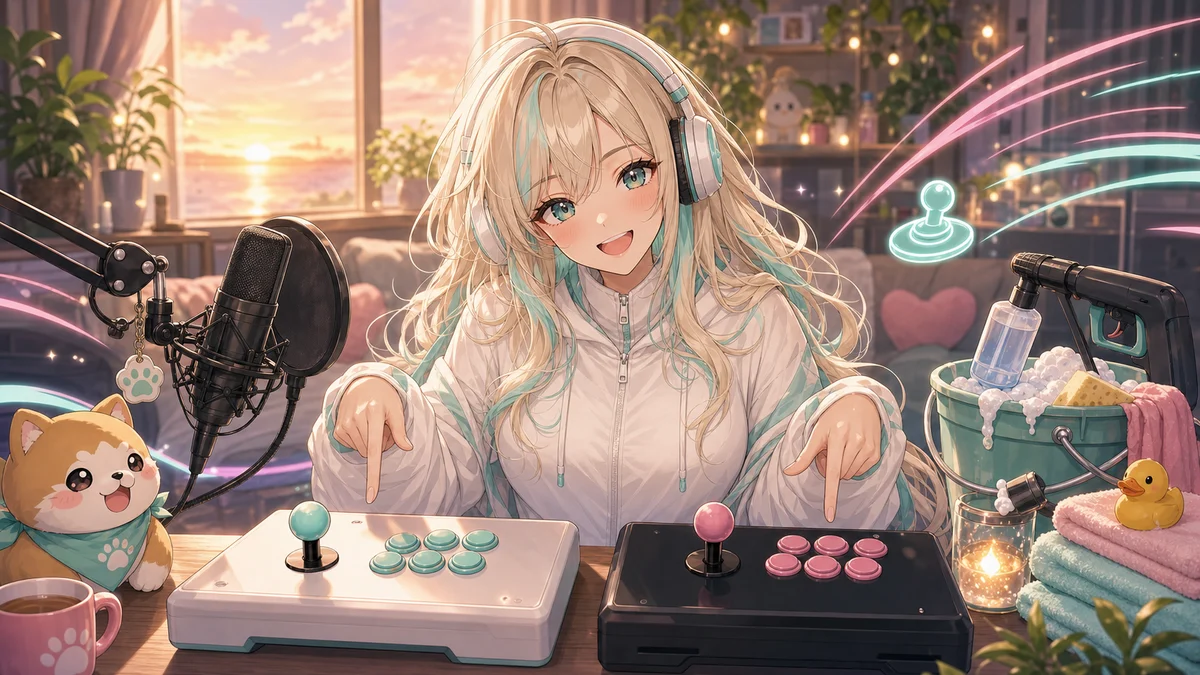 10先の約束と別ゲーム雑談を明るい配信机で話すオリジナルキャラクターのイメージ