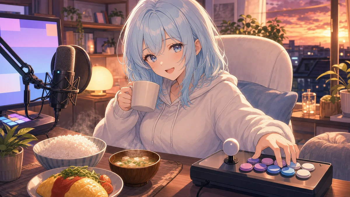 夕方の配信机でマイクと温かい朝食の小物を前に格闘ゲーム練習へ向かう女性キャラクターのイメージ