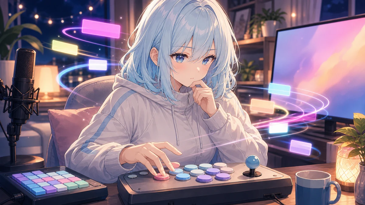 格闘ゲームの入力練習でレバーとキーボード風デバイスを見比べながら集中する女性キャラクターのイメージ