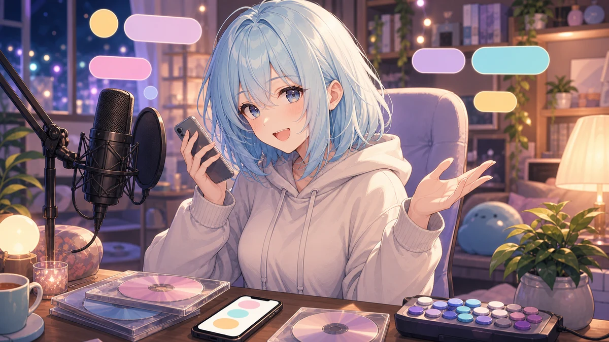 アニメのディスクとスマートフォンの通知を机に置きながら配信中に会話する女性キャラクターのイメージ