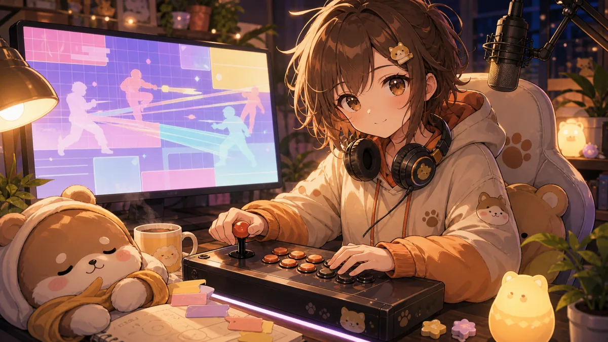 深夜の配信机で格闘ゲームの練習メモと小さなマスコットを前に集中するオリジナルキャラクターのイメージ