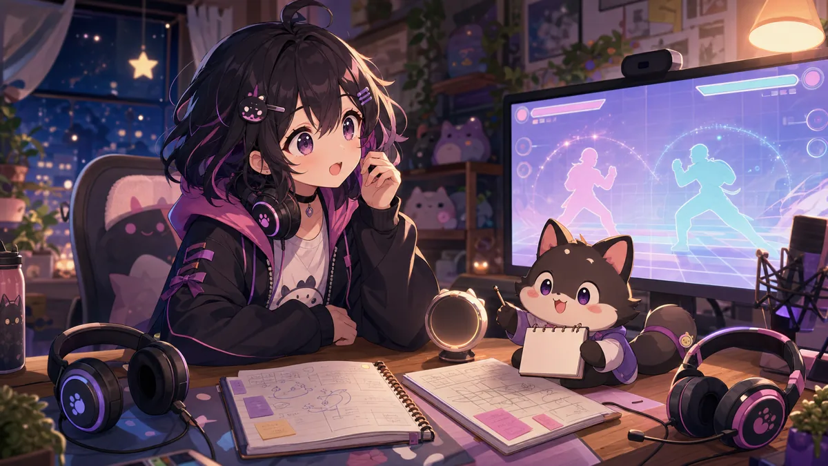 配信部屋のモニター前で二人分の練習ノートとパステル色の対戦カードを並べるオリジナルキャラクターのイメージ