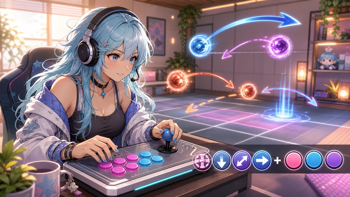 明るい格闘ゲーム練習部屋で青い髪の女性キャラクターが入力メモと小さな光る弾の模型を見比べるイメージ