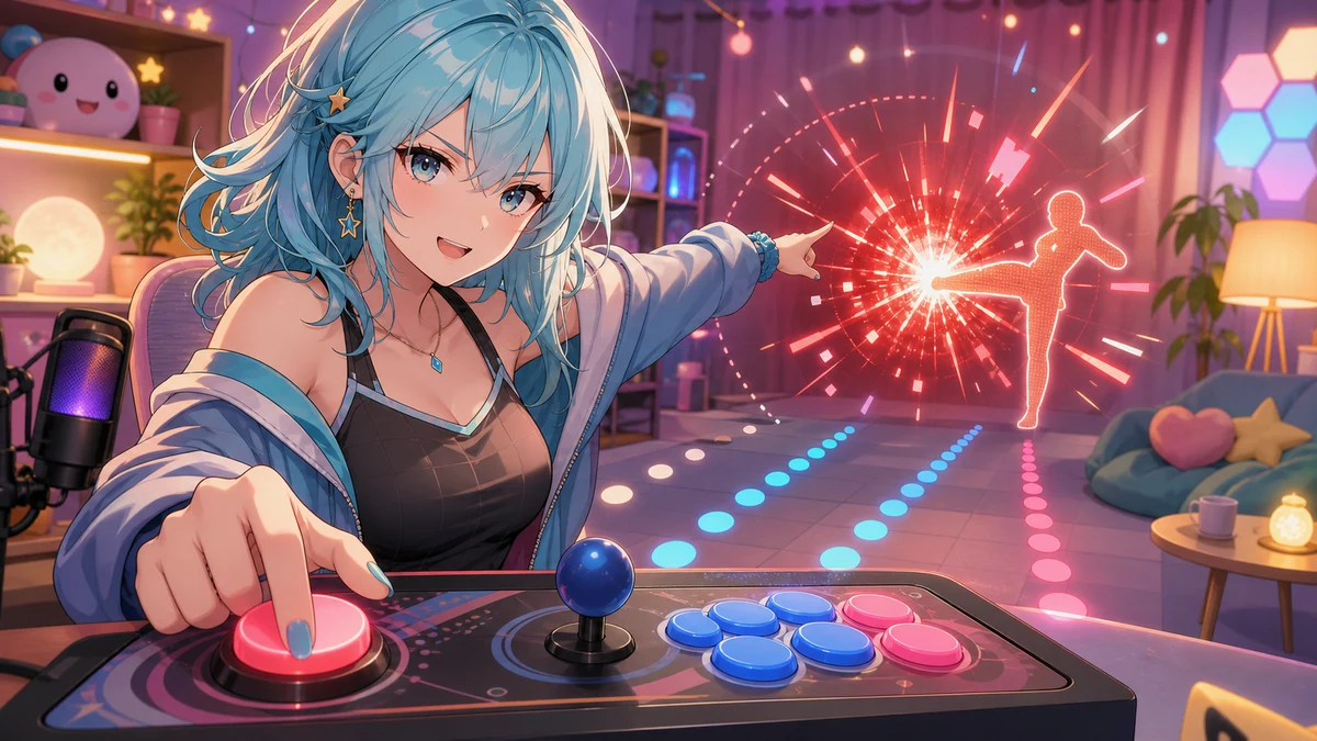 パステルカラーの対戦スペースで女性キャラクターが入力表と赤い衝撃エフェクトを指差すイメージ