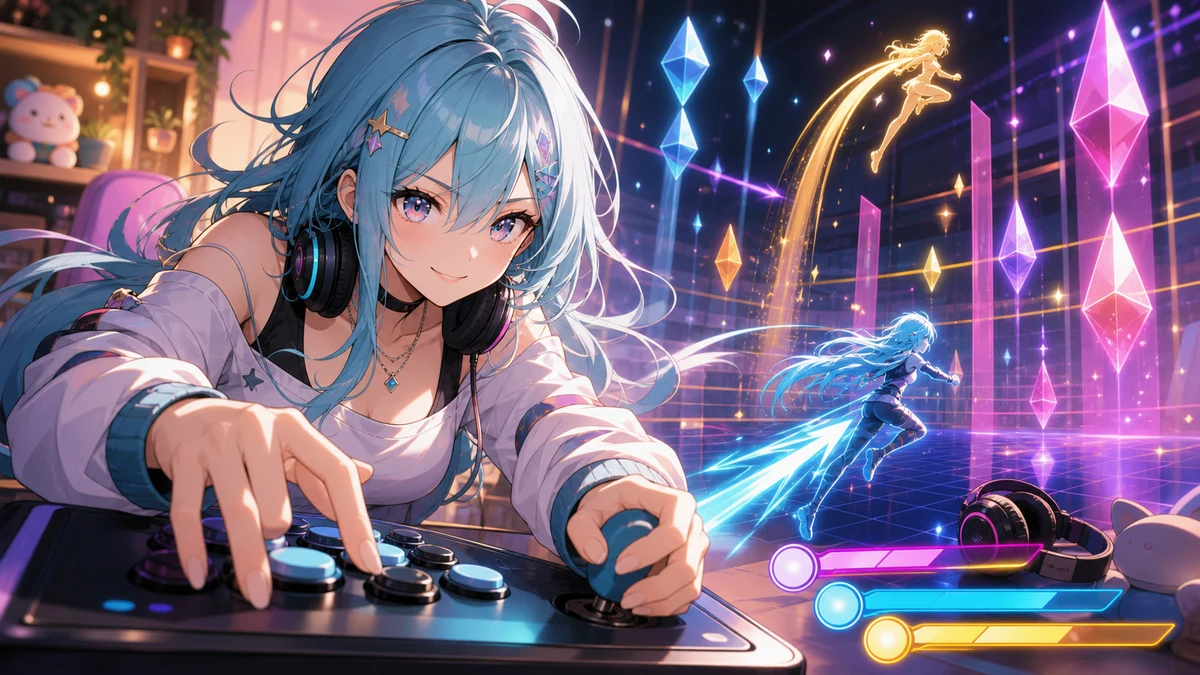 ステージ照明のある対戦台で青い髪の女性キャラクターが前へ踏み込み、抽象的な光のゲージが流れるイメージ