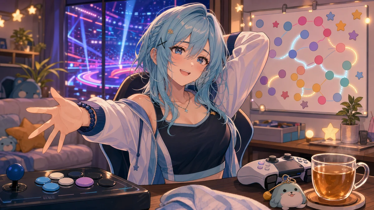 夜の配信部屋でカレンダーと対戦メモを前に深呼吸する女性オリジナルキャラクターのイメージ